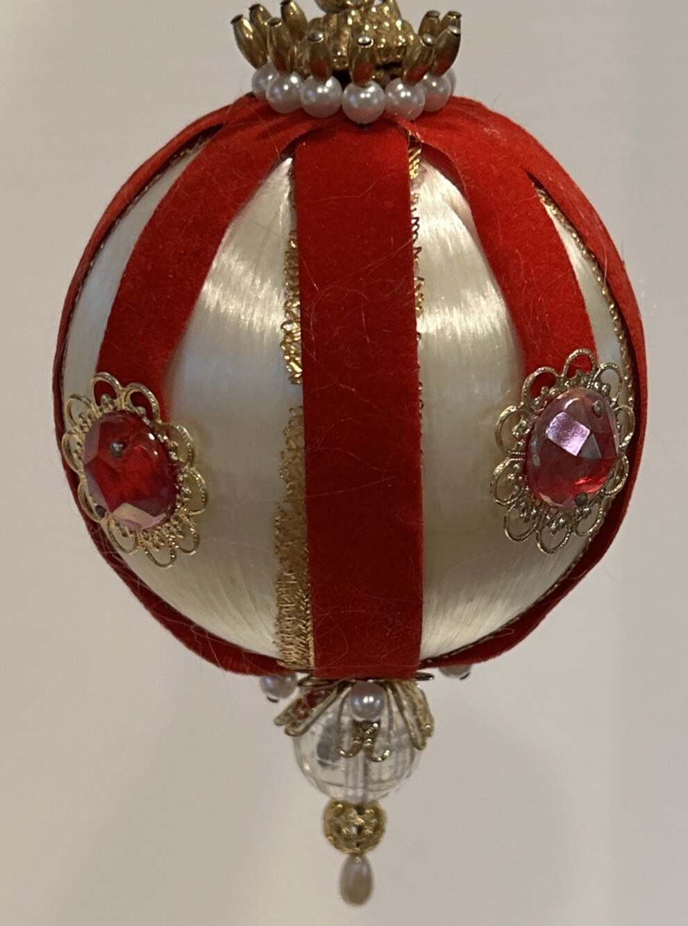 Vintage Beaded Push Pin Handmade Christmas Ornament Ornate red White jewels 3"